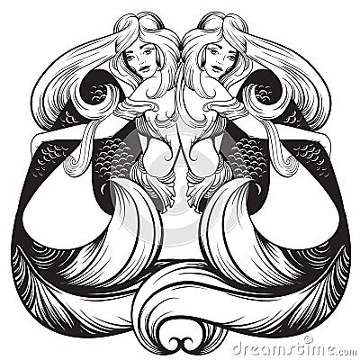 Vector illustration of beautiful mermaid with nautilus in realistic hand drawn sketch line stile. Vector Illustration