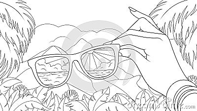 Vector illustration, beautiful mountain landscape, beach reflection in sunglasses Vector Illustration