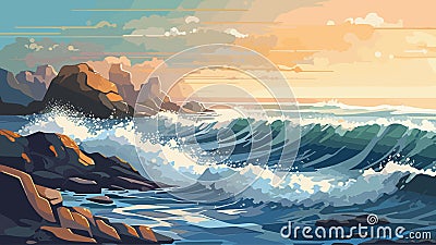 Beautiful Panoramic Beach with Amazing Waves Vector Illustration