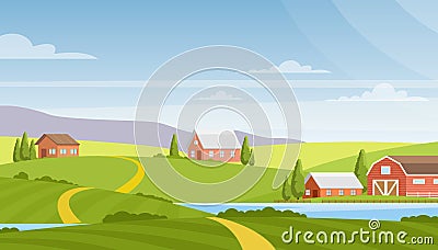 Vector illustration of beautiful rural landscape, farm and fields, river and mountains on background. Countryside Vector Illustration