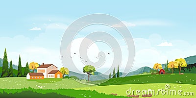 Vector illustration of beautiful spring field landscape with a dawn, green hills,farmhouse and barn with blue sky and clouds,Flat Vector Illustration