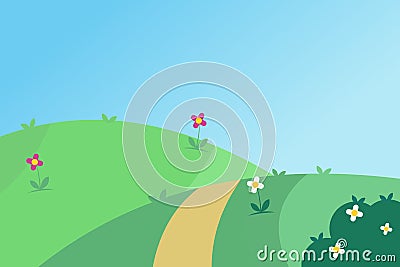 Vector illustration of beautiful summer fields landscape with a dawn, green hills, bright color blue sky Vector Illustration
