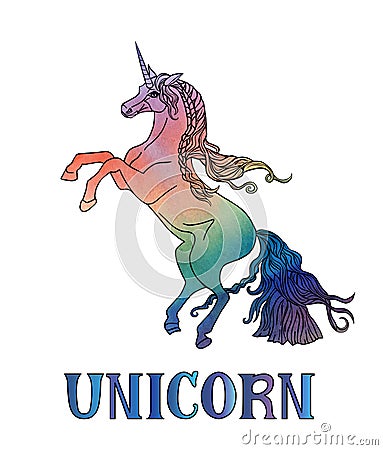 Vector illustration of beautiful unicorn with vector watercolor texture and lettering isolated on white Vector Illustration