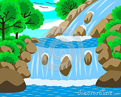 Vector illustration of beautiful water fall. The water is blue and looks clean. There are stones and trees around. Vector Illustration