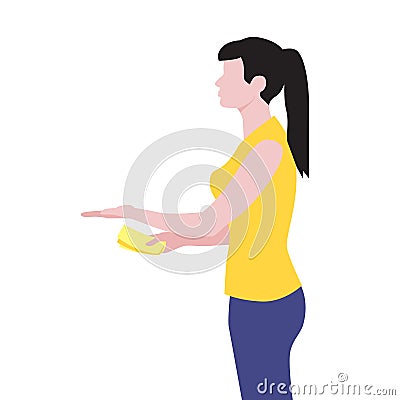 Vector illustration of beautiful white woman hold out hand with money and receive the delivery package. Delivery servise. Woman Vector Illustration