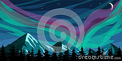 Vector illustration beautiful winter northern lights. Cartoon forest landscape with night starry sky and snowy mountains in Vector Illustration