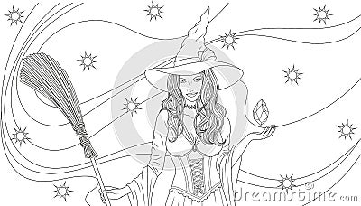 Vector illustration, beautiful witch with a broom conjures, magic night halloween, Vector Illustration