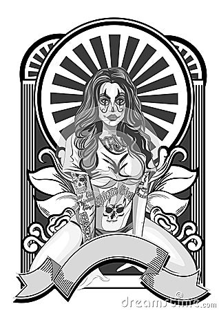 Vector illustration of a beautiful woman.Chicano tatoo style. Vector Illustration
