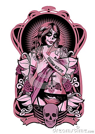 Vector illustration of a beautiful woman. Chicano tattoo style. Vector Illustration