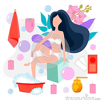 Vector illustration of beautiful woman towel shaves her legs with a safety razor. Icons of epilator, shaving machine Vector Illustration