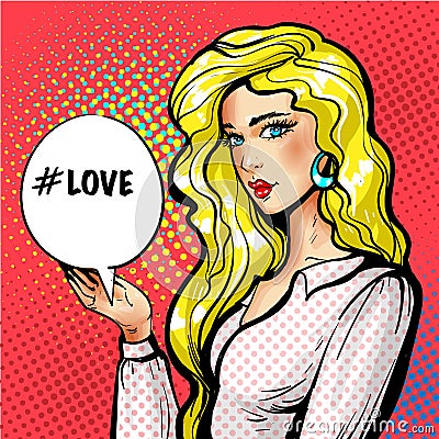 Vector pop art beautiful girl with love speech balloon Vector Illustration