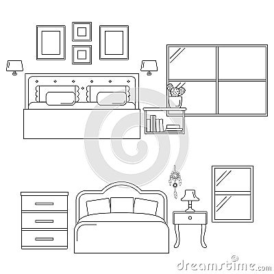 Vector Illustration of a Bedroom with Window. Line Design Vector Illustration