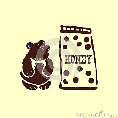 Vector illustration of big can with tasty honey and cute bear. Vector Illustration