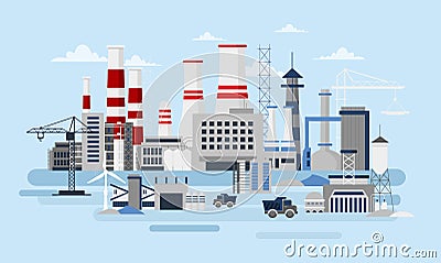 Vector illustration of big manufacturer with a lot of buildings and cars. Ecology Concept, factory pollution, industry Vector Illustration