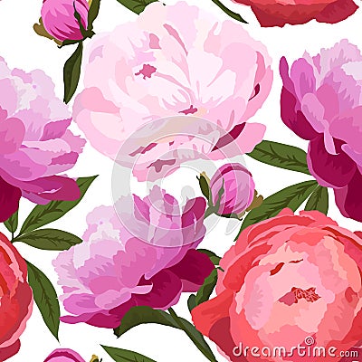 Vector illustration of big peonies flowers seamless pattern. Cartoon Illustration