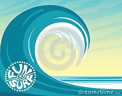 Vector illustration with big wave, blue ocean and surfing logo. Tropical nature and water sport - surfing Cartoon Illustration