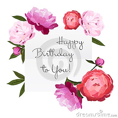 Vector illustration of birthday card with colorful peonies flowers on white background Cartoon Illustration
