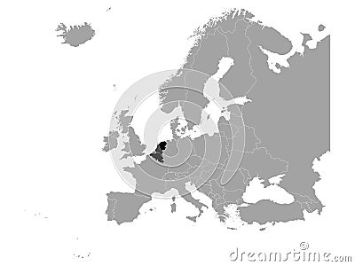 Black map of Benelux countries on gray Europe map Vector Illustration