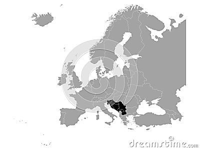 Black map of Former Yugoslavia countries on gray Europe map Vector Illustration