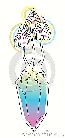Line art illustration psychedelic mushrooms on a healing magic crystal Vector Illustration