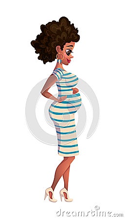 Vector illustration of black pregnant woman. african-american pregnant woman smiling Cartoon Illustration