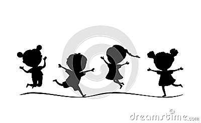 Vector illustration black silhouette kids running and jumping isolated on white background Cartoon Illustration