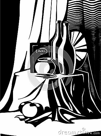 Vector illustration of black and white classical still life staging with drapery, vase, bottles of wine, box, plate and apples. Vector Illustration