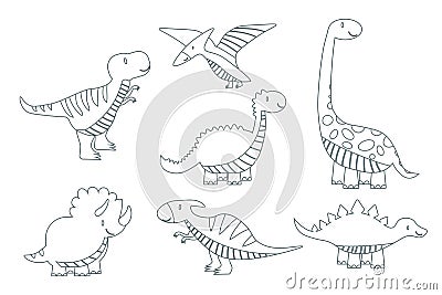 Vector illustration of black and white dinosaur outline drawing set. EPS Cartoon Illustration