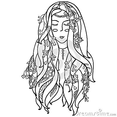 Vector Illustration Black and White Woman with flowers. coloring pages for adults.Card,print. zentagl, doodle Vector Illustration