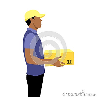 Vector illustration of black young afro or latin courier in cap with package. Delivering the parcel or box concept. Online Vector Illustration