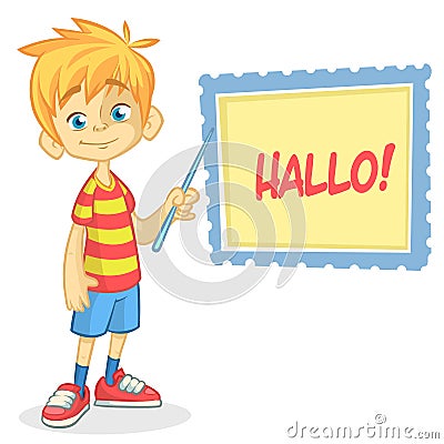 Vector illustration of blond boy in shorts and striped t-shirt. Cartoon of a young boy dressed up presenting Vector Illustration