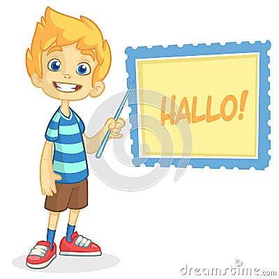 Vector illustration of blond boy in shorts and striped t-shirt. Cartoon of a young boy dressed up presenting on a board with point Vector Illustration