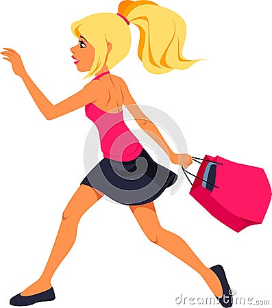 Vector illustration of a blonde girl running with a shopping bag Vector Illustration