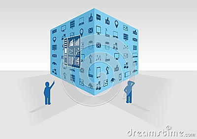 Vector illustration of blue big data cube on grey background. Two persons looking at big data and business intelligence data Vector Illustration