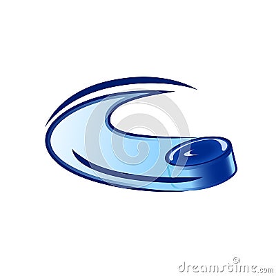 Vector illustration of a blue hockey puck flying along a trajectory with acceleration on isolated background Vector Illustration