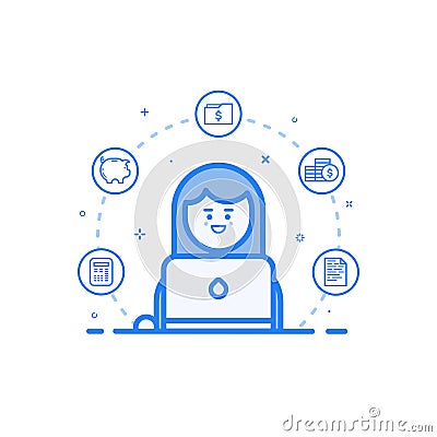 Vector illustration of blue icon in flat line style. Graphic design concept of woman financial accountant. Vector Illustration