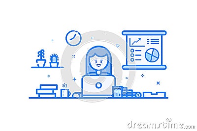 Vector illustration of blue icon in flat line style. Graphic design concept of woman financial accountant. Vector Illustration