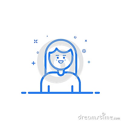 Vector illustration of blue icon in flat line style. Linear blue cute and happy girl. Vector Illustration