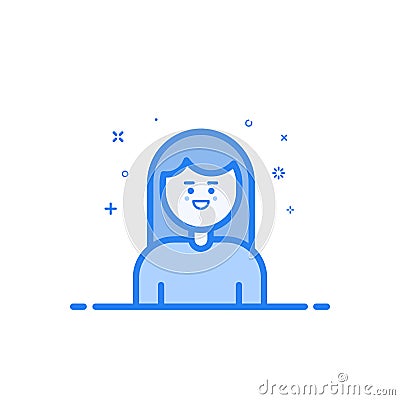 Vector illustration of blue icon in flat line style. Linear blue cute and happy girl. Vector Illustration