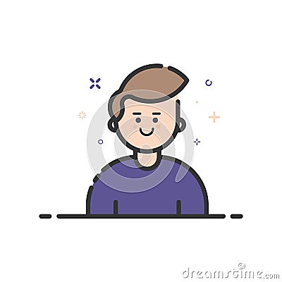 Vector illustration of blue icon in flat line style. Linear blue cute and happy man. Vector Illustration