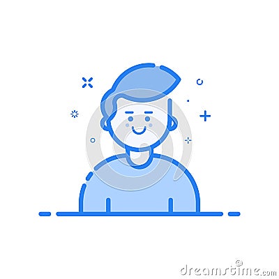 Vector illustration of blue icon in flat line style. Linear blue cute and happy man. Vector Illustration