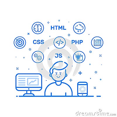 Vector illustration of blue icon in flat line style. Linear cute and happy man with laptop. Vector Illustration