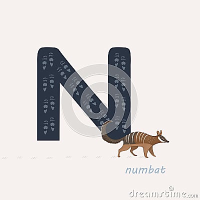 Vector illustration. Blue letter N with numbats footprints, a cartoon numbat. Animal alphabet. Vector Illustration