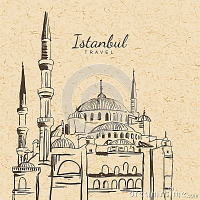 Vector illustration of Blue Mosque on vintage paper background. Vector Illustration