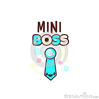 The vector illustration of blue ribbon and the mini boss text with stylish kawaii emoji. Vector style boys gift Vector Illustration