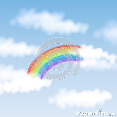 Vector illustration with blue sky, white clouds and colorful rainbow for greeting valentines cards, poster, banner background Vector Illustration