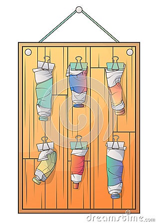 Vector illustration of a board with tubes of paint. Vector Illustration