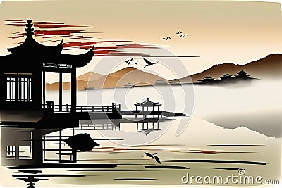 vector illustration of a boat with a lake and a bridgevector illustration of a boat with a lake and Cartoon Illustration