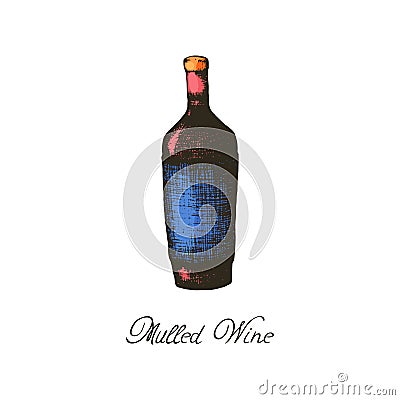 Vector illustration of a bottle of wine for a hot mulled wine in the style of freehand drawings. Christmas drink hot wine, for the Vector Illustration