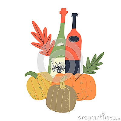 Vector illustration with bottles of young wine, bright orange pumpkins and autumn leaves Vector Illustration